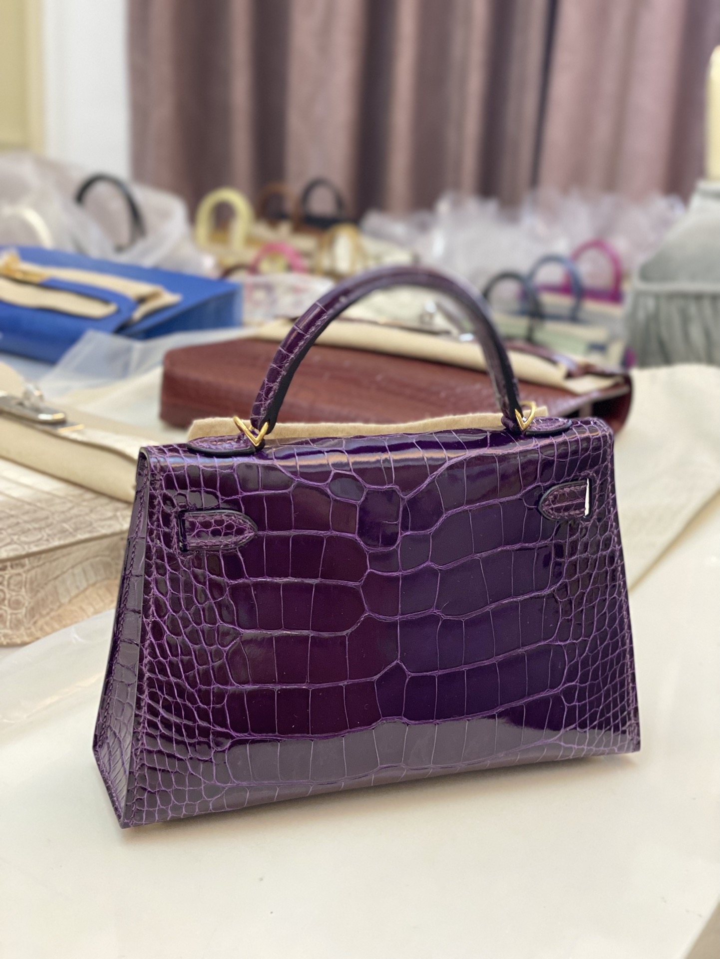 Hermes Kelly Mini II Bag 19CM In Dark Purple Shiny Alligator Leather